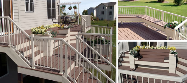Aluminum Modular Deck with aluminum railing, bench kits, planters and a pergola.
